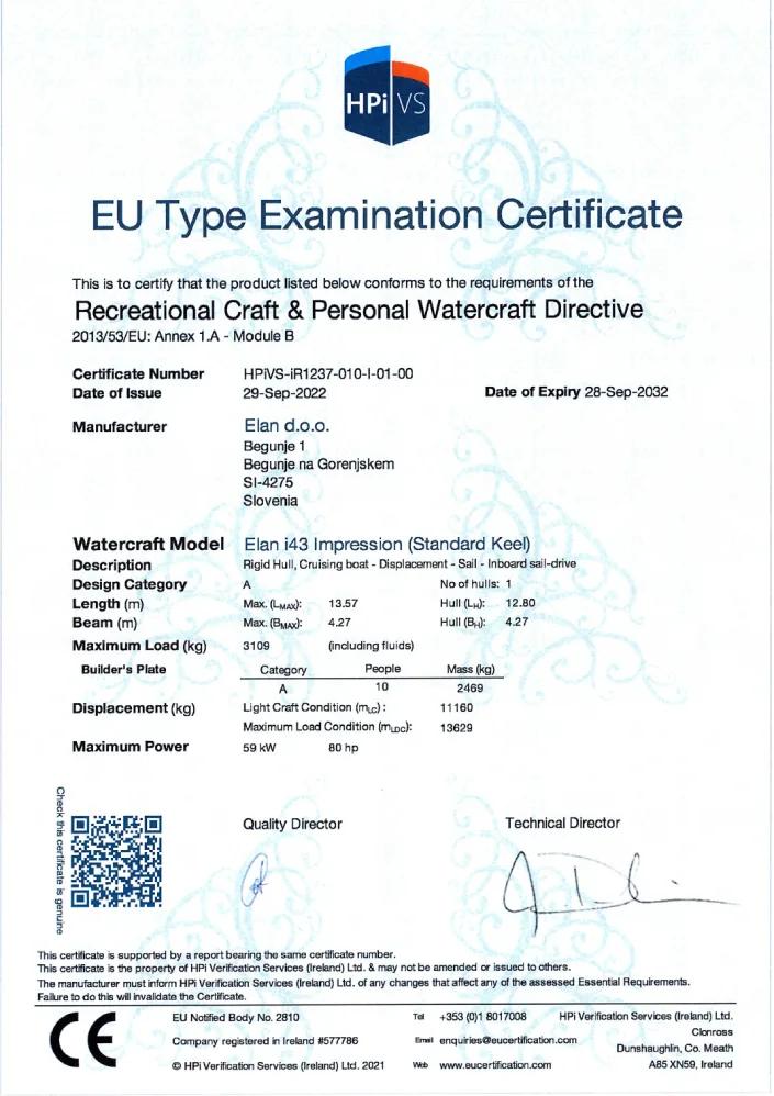 EU Certifikat o ispitivanju tipa za Elan Impression 43