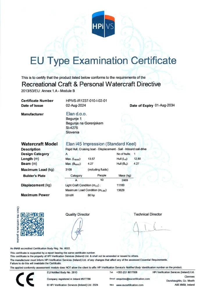 EU Certifikat o ispitivanju tipa za Elan Impression 45
